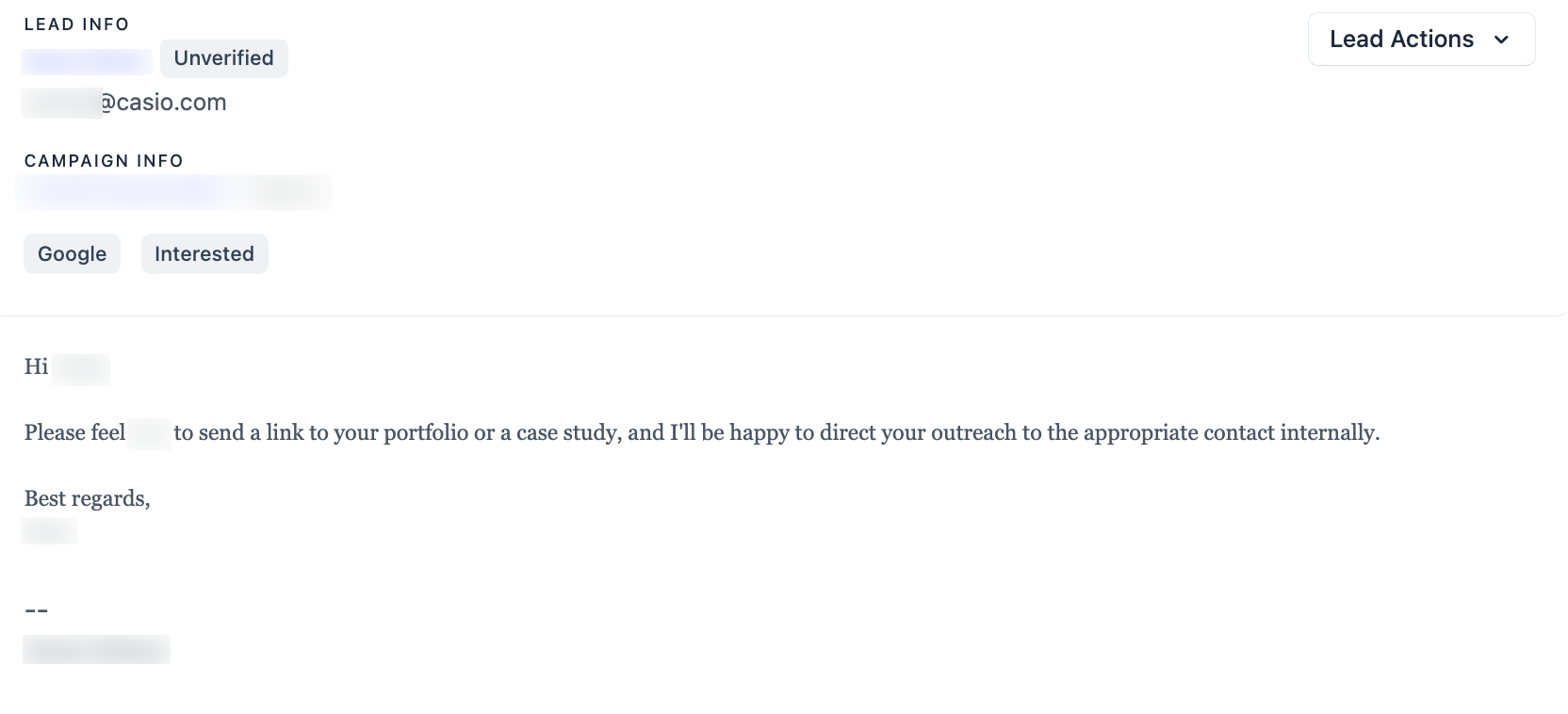 Casio email reply, with personal details redacted