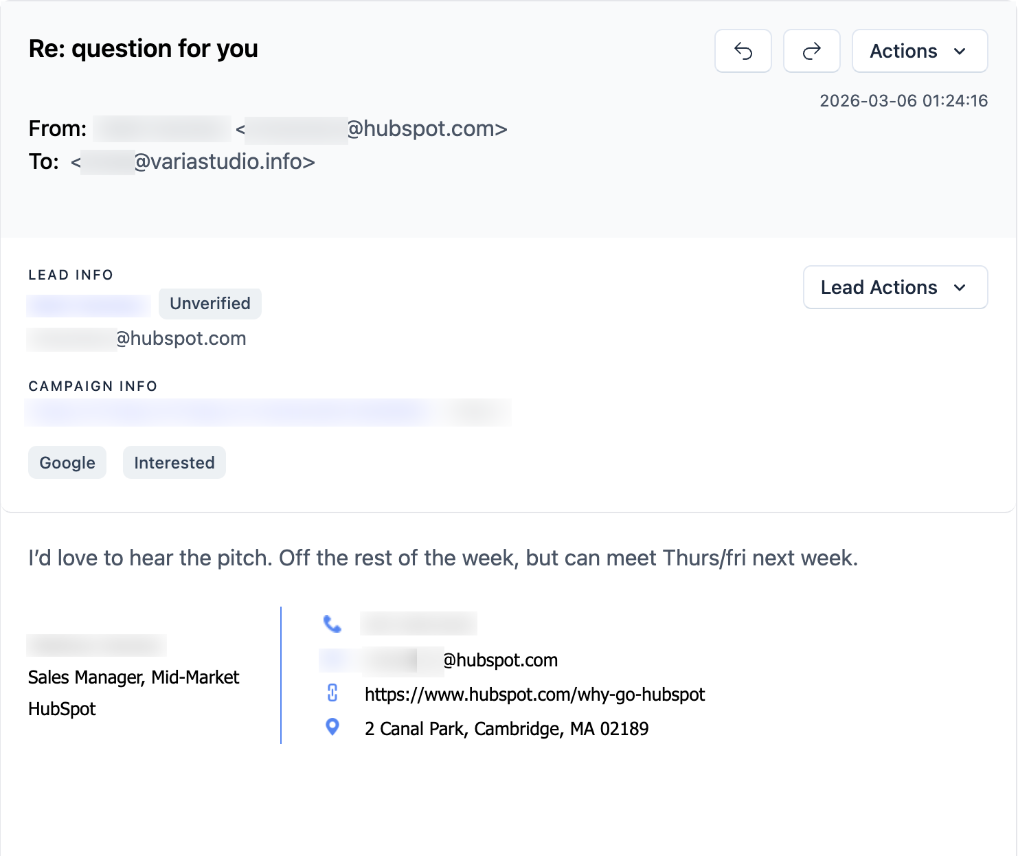HubSpot email reply, with personal details redacted